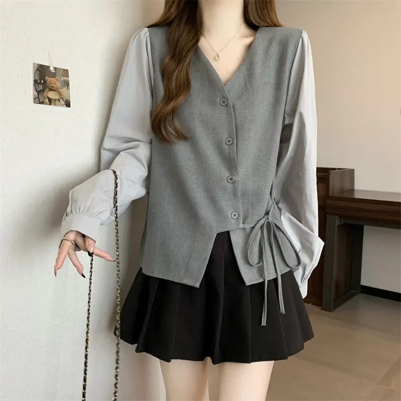 

Tie Front Shirt Women Flattering Fake Two Piece Long Sleeve TopYY28