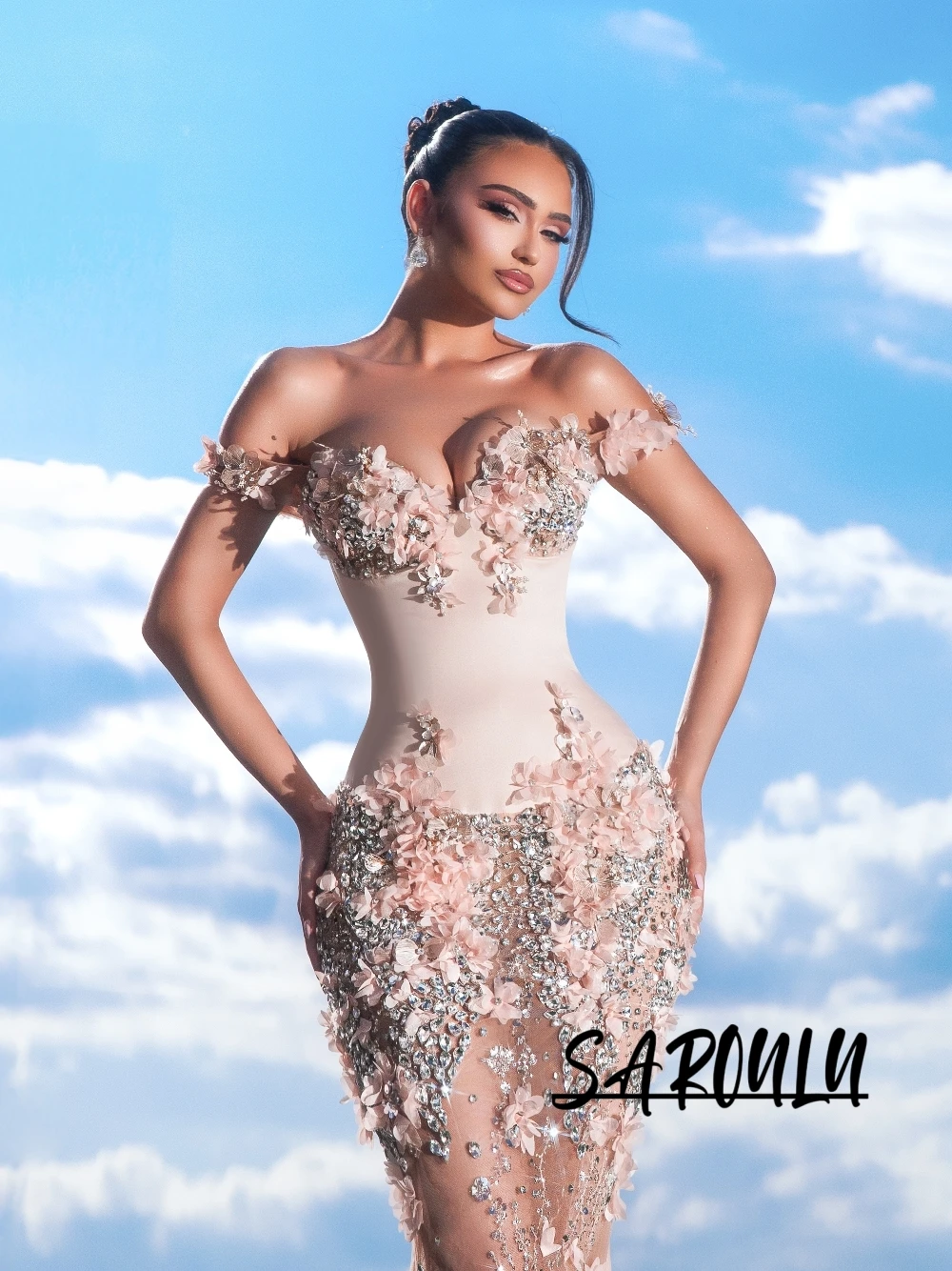 

Off Shoulder Satin Bodice Evening Dress Pink Floral Richly Prom Gown Customized Stunning Illusion Crystals Galas Party Wear