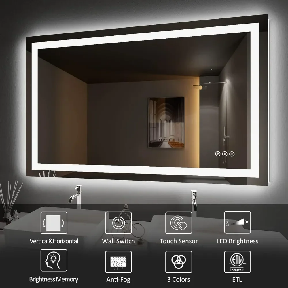 Bathroom Mirror 48''x 30'' with Front and Backlit, Stepless Dimmable Wall Mirrors with Anti-Fog Shatter-Proof, LED Vanity Mirror