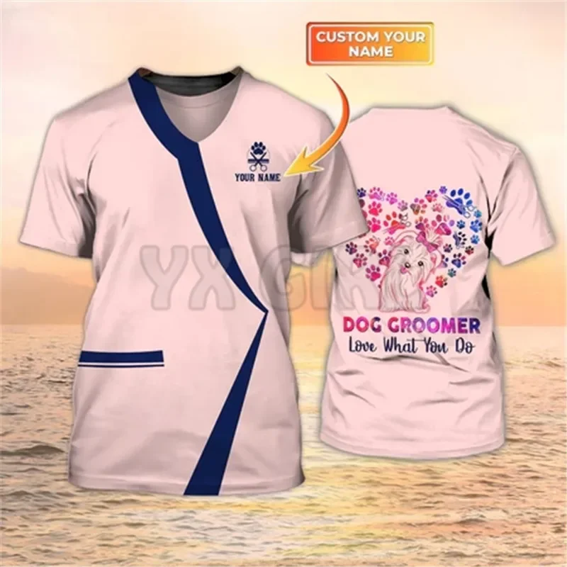 Camisa 3D con nombre personalizado para hombre, uniforme de aseo para perros, color negro y rosa, verano, 2024