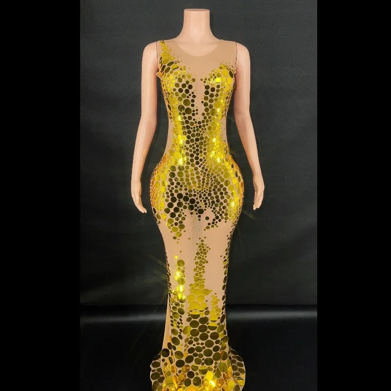 11 لون الذهب حفلة موسيقية فساتين عيد ميلاد ملهى ليلي بار السجادة الحمراء تظهر عدسة فستان حفلة مثير احتفال الزي اللؤلؤ فستان طويل المغني