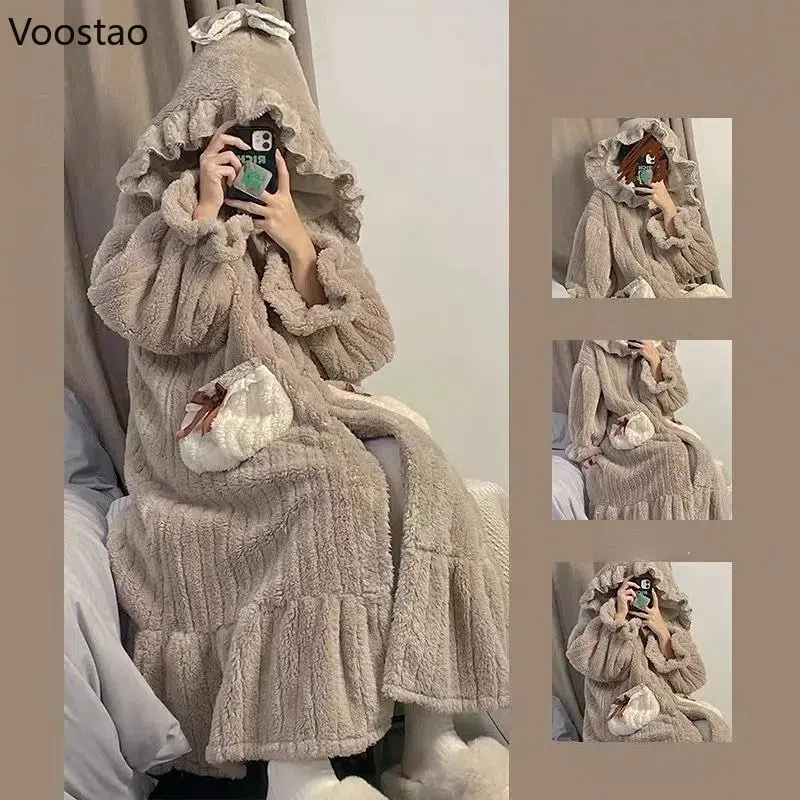 

Autumn Winter Sweet Flannel Nightwear Robes Women Cute Bow Hooded Warm Nightgown Femme Kawaii Pajamas Dress Bathrobe Homewear