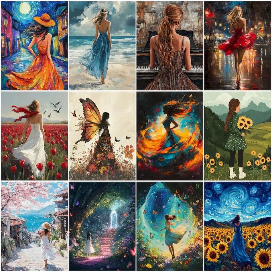 

RUOPOTY Painting By Number Adults New Girl Back view Framed Painting For Wall Diy Crafts Supplies Drawing Living Room Decoration