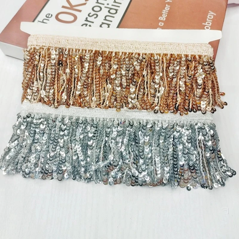 8cm 10yards Golden Silver Sequins Tassel Glitter Fringe Lace Trim Stage Dress Curtain Decoration Accessories DIY Sewing