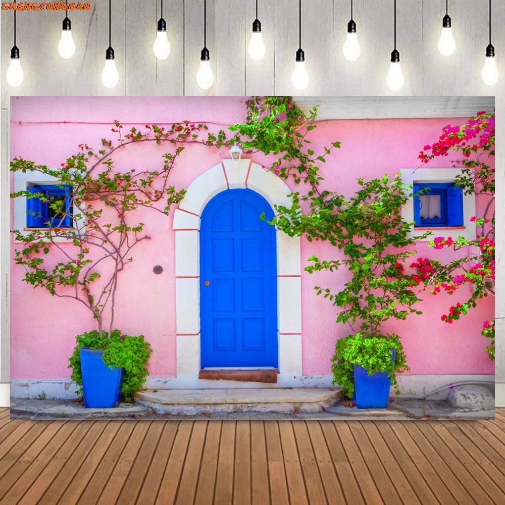 Spring Summer Village Town Photography Backdrop Spring Stone House Natural Scenery Room Decor Photographic Background Props