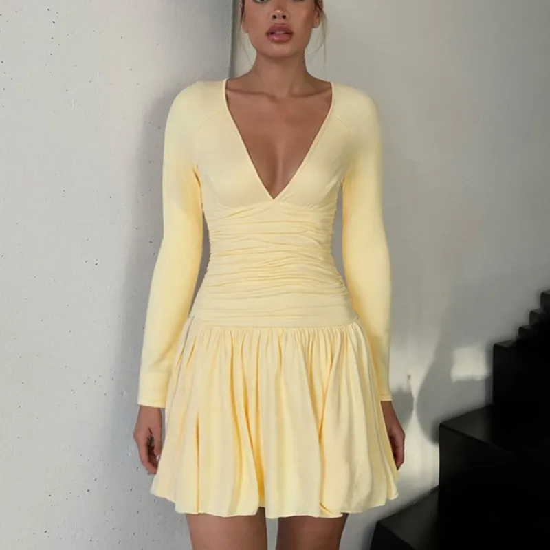 Talenza Weibliche Elegante Gefaltete Kleid Mode Sexy V-ausschnitt Langarm Kleid Luxus Hohe Taille Vintage Schlank Party frauen Kleider