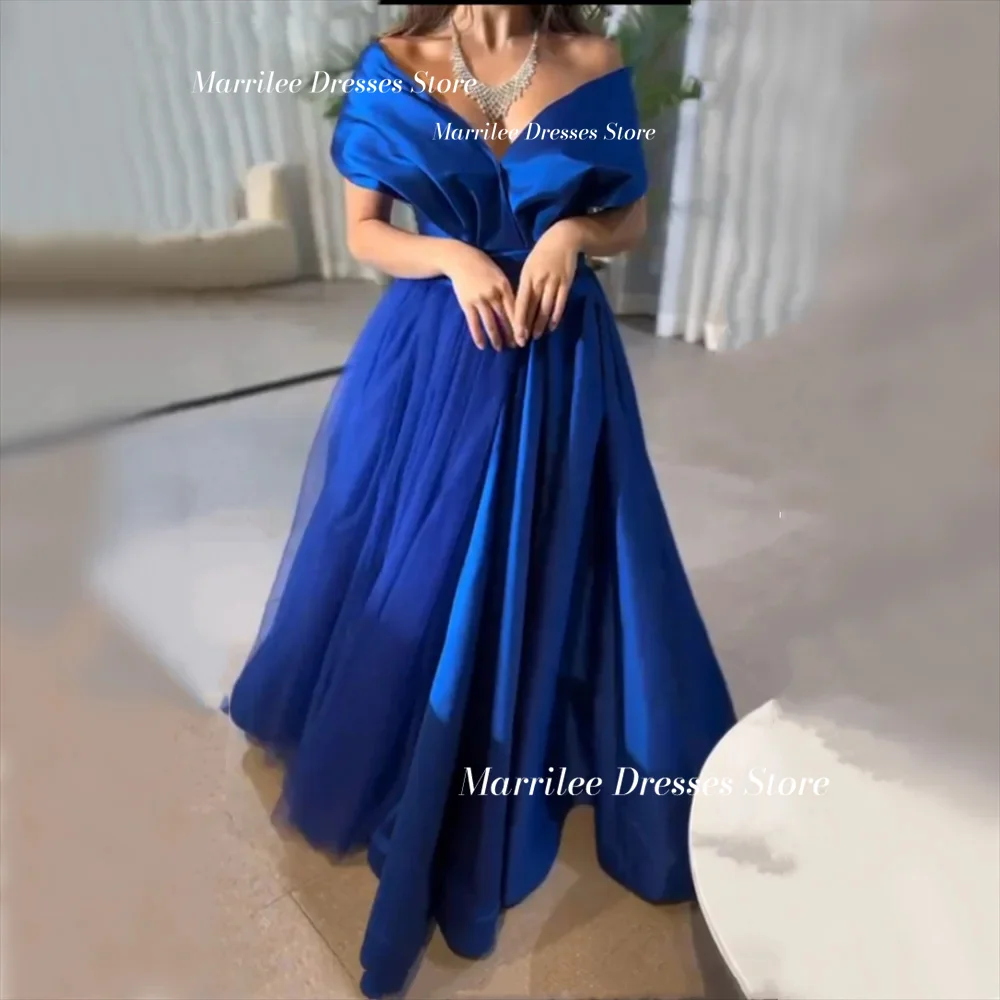 Royal Blue Off The Shoulder A-Line Stain Evening Dress Robe V-Neck Floor Length Pleating Elegant Prom Party Gown Formal Occasion