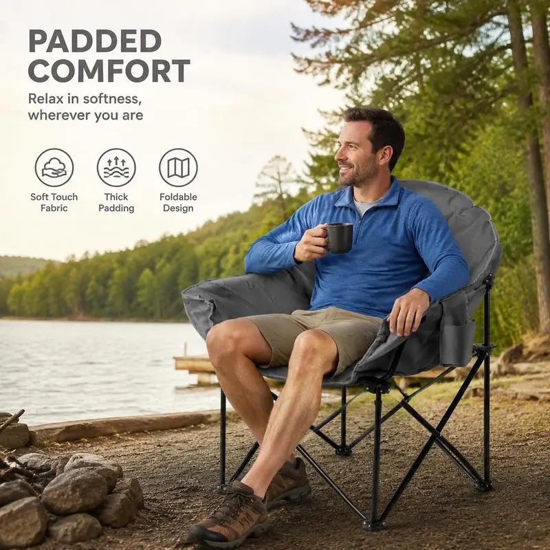 Chaise pliante de camping 1 cm en tissu Oxford et acier avec assise rembourrée, dossier ergonomique, porte-gobelet et rangement pour jardin, terrasse, pêche et loisirs en extérieur – Style pratique, gain de place