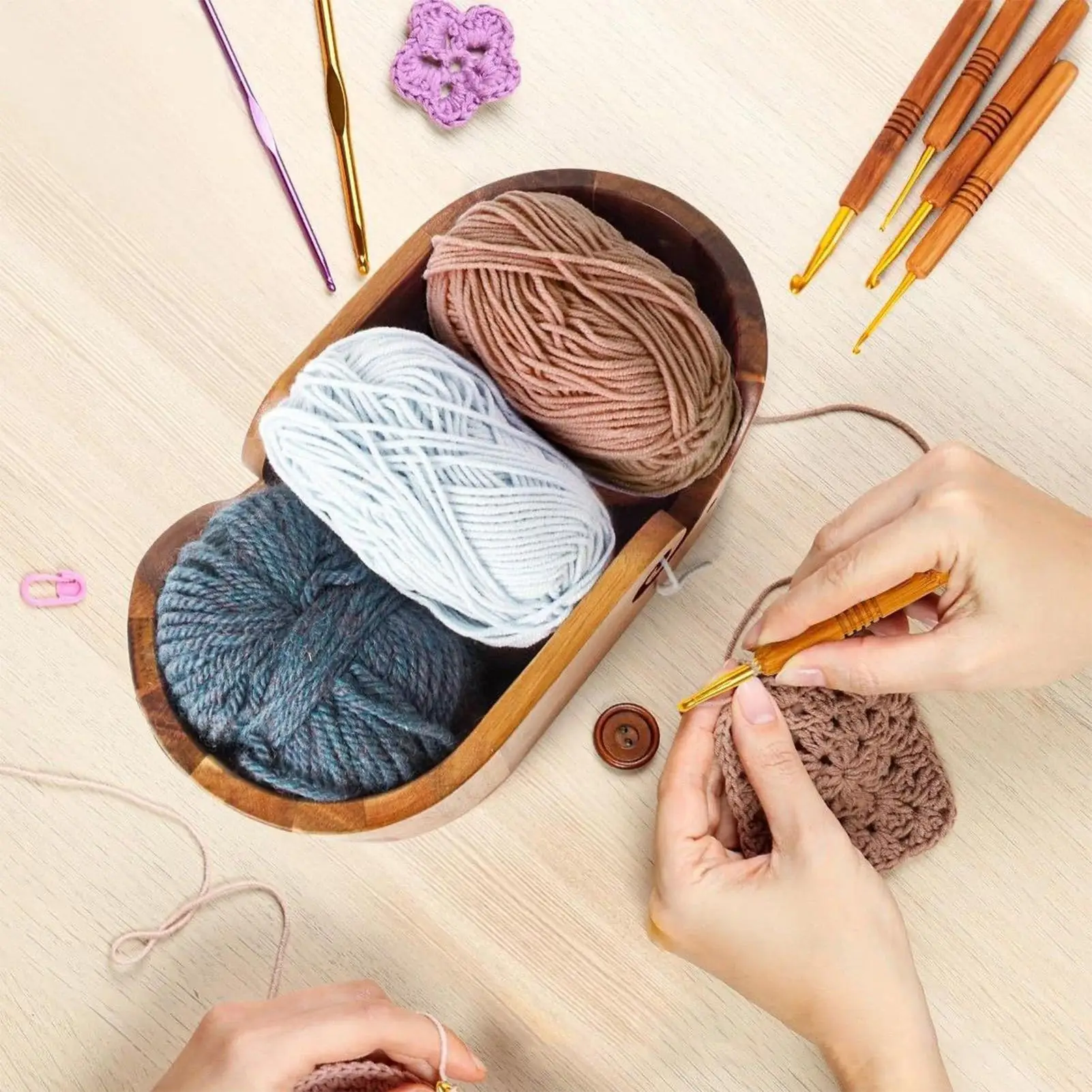 

Oval Wooden Yarn Bowl with Lid Smooth Knitting Yarn Storage Holder Crochet Bowl with Double Curling Slot for Handcrafting