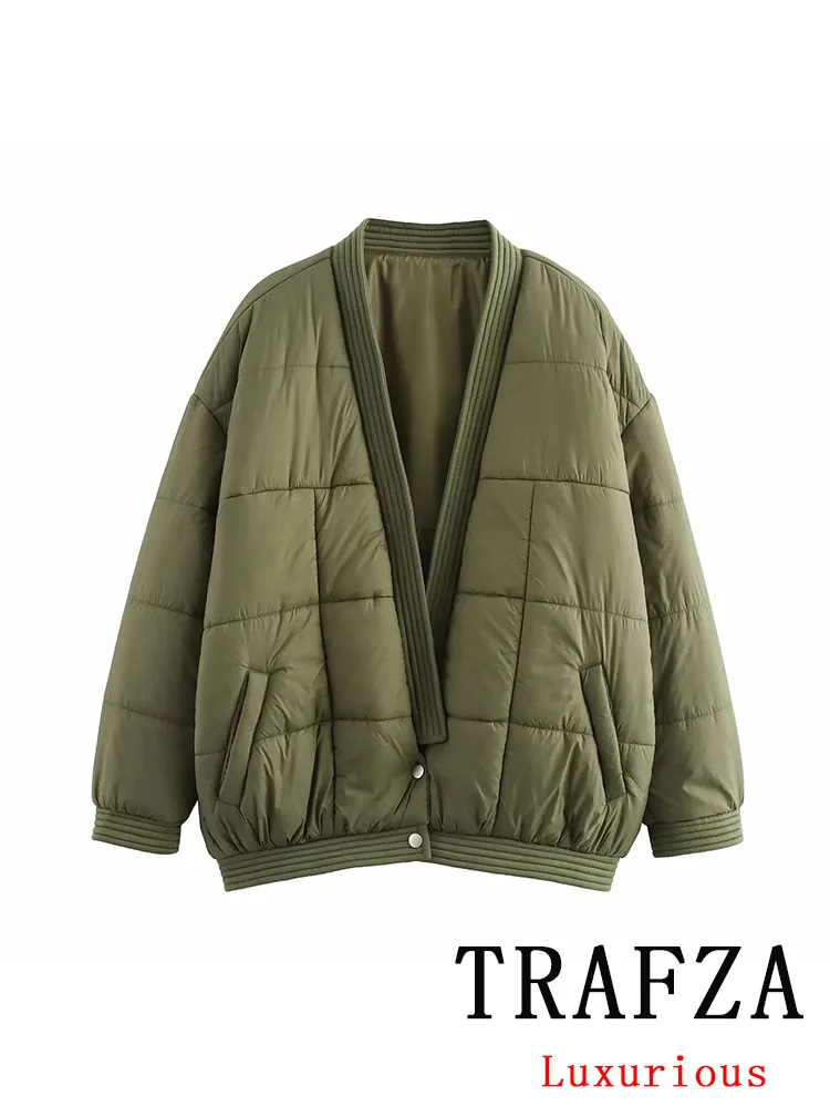 TRAFZA Casual Vintage Green Solid Women Oversized Jackets V-Neck Pockets Button Thick Coats New Fashion 2024 Autumn Winter Coats