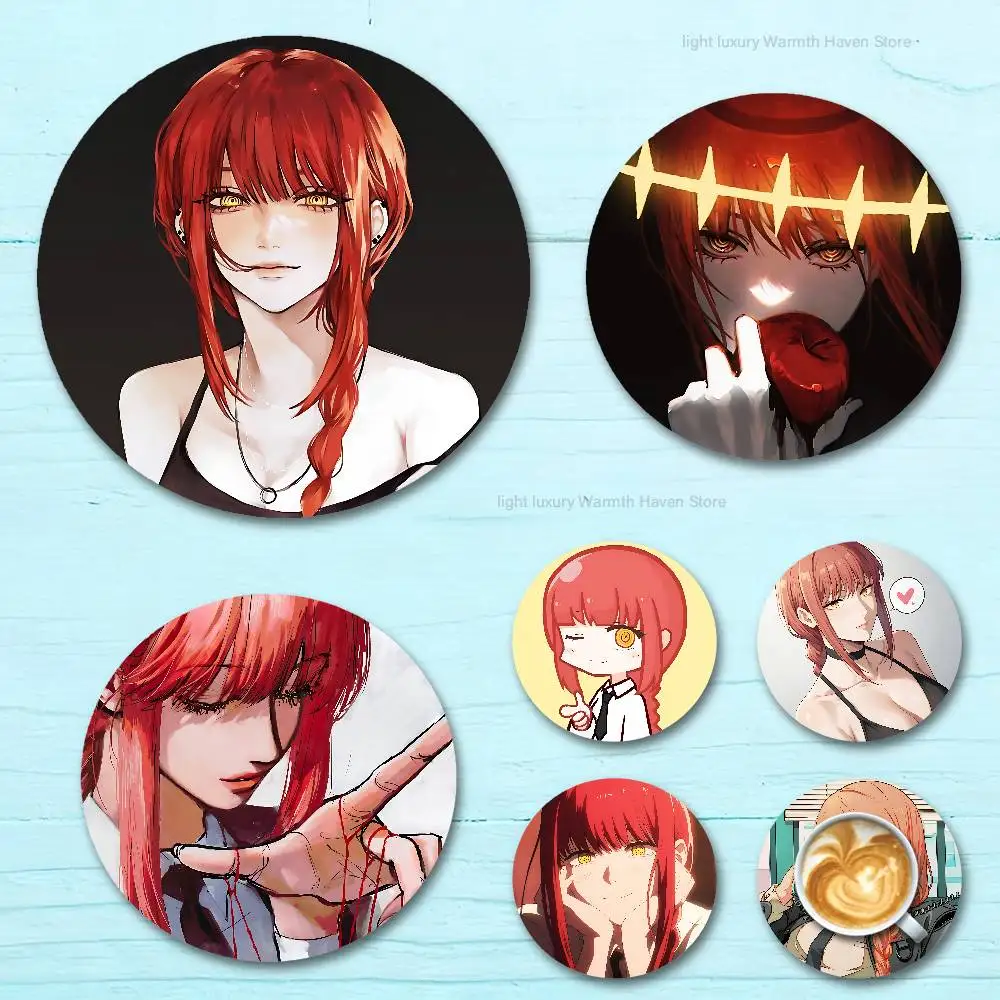 

Cute M-Makima Heat Resistant Round Wooden Coasters Non-slip Drink Cafe Decoration 2D Flat Color Print Coasters