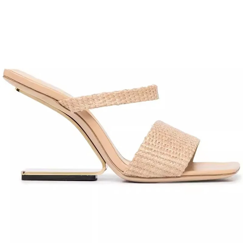 Zลote sandaลy na wysokim obcasie dla kobiet New Square Open Toe One Line Shaped Heels Slip On Slippers Banquet Dress Shoes Brand Design