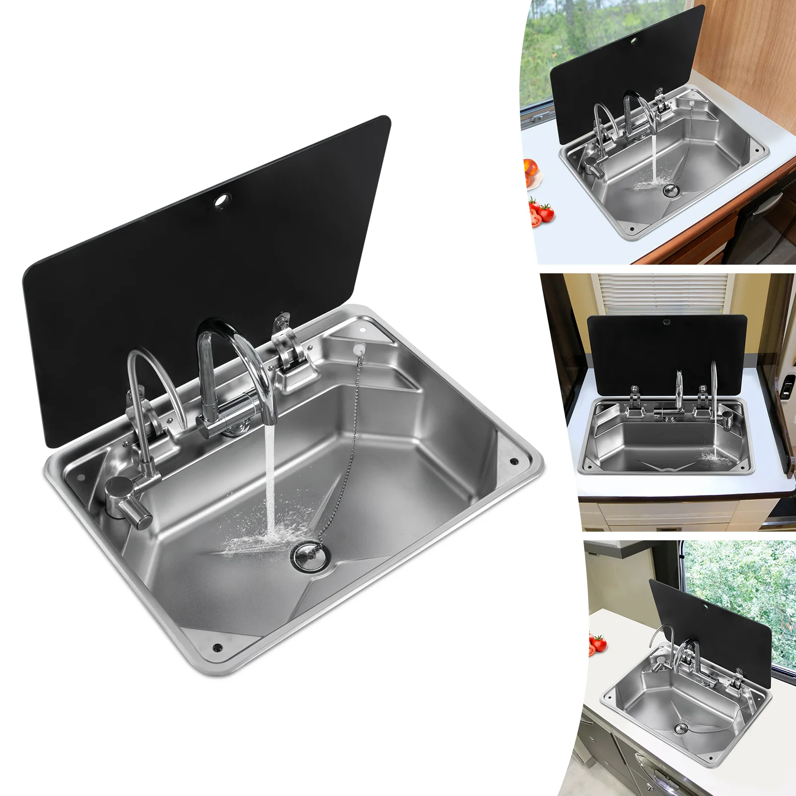 حوض RV من الفولاذ المقاوم للصدأ، تصميم مدمج، سطح سهل التنظيف لفان التخييم والمطبخ والطهي بدون متاعب
