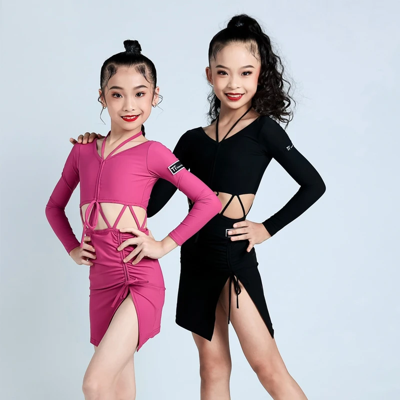 

Children'S Long Sleeves Latin Dance Professional Dress Girls Cutout Samba Ballroom Dance Performance Dress Practice Wear SL9863