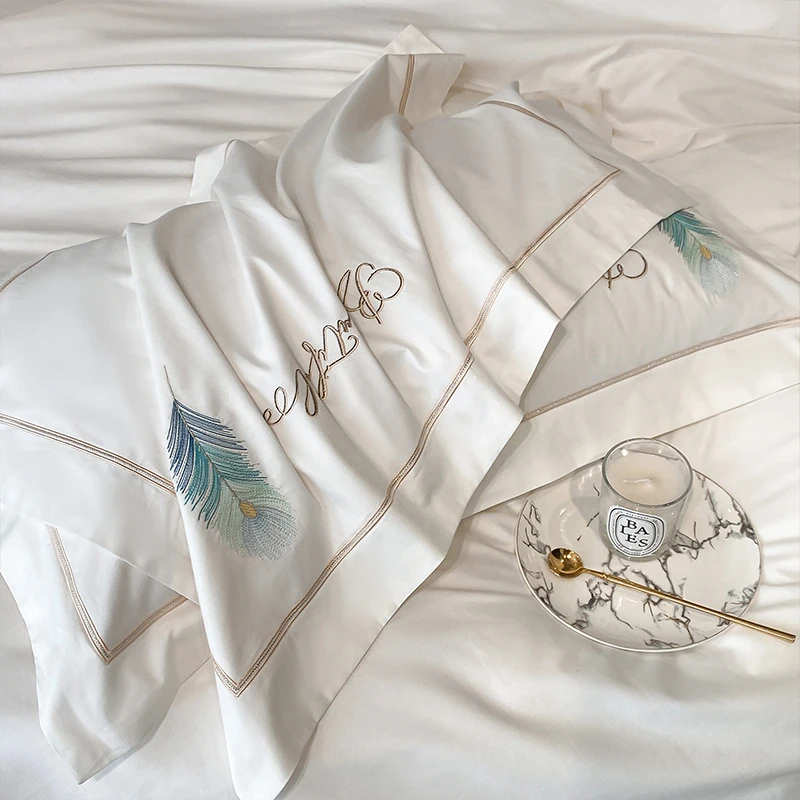 Feather Embroidery Duvet Cover Sets, Bed Sheet, Pillowcases, Luxury, Solid Color, Queen, King, 100% Cotton, White Bedding Set