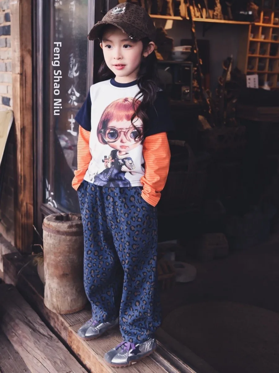 Outdoor Camping Girls Straight Leg Pants Spring Autumn Plaid Dot Pattern Loose Long Trousers Kids Fashion Casual Wear