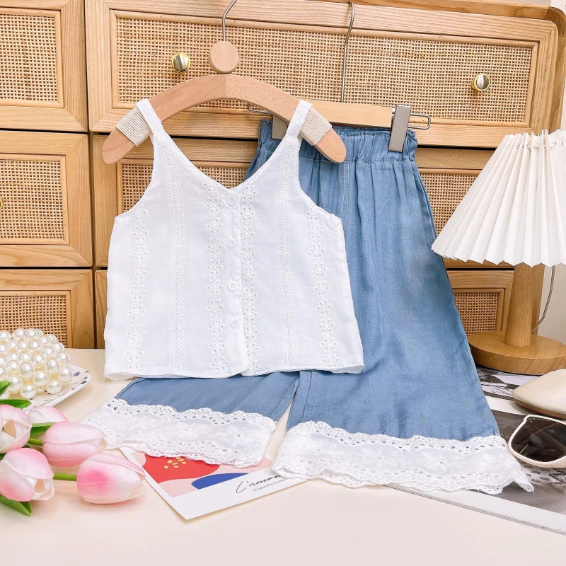 

2025Summer Girls' Lace Lyocell Denim Pants+White Embroidered Camisole Top Two-Piece Suit