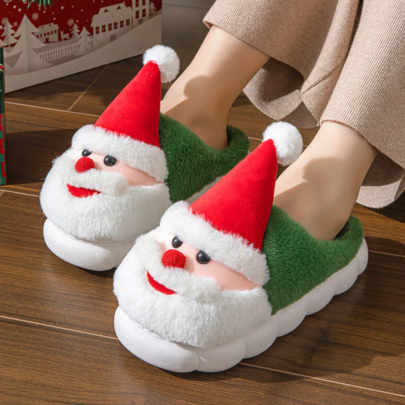 New 2024 Winter Christmas Slippers Santa Claus Fluffy Slippers Soft Warm Plush Cushion Slides Men Women Home Cotton Slippers