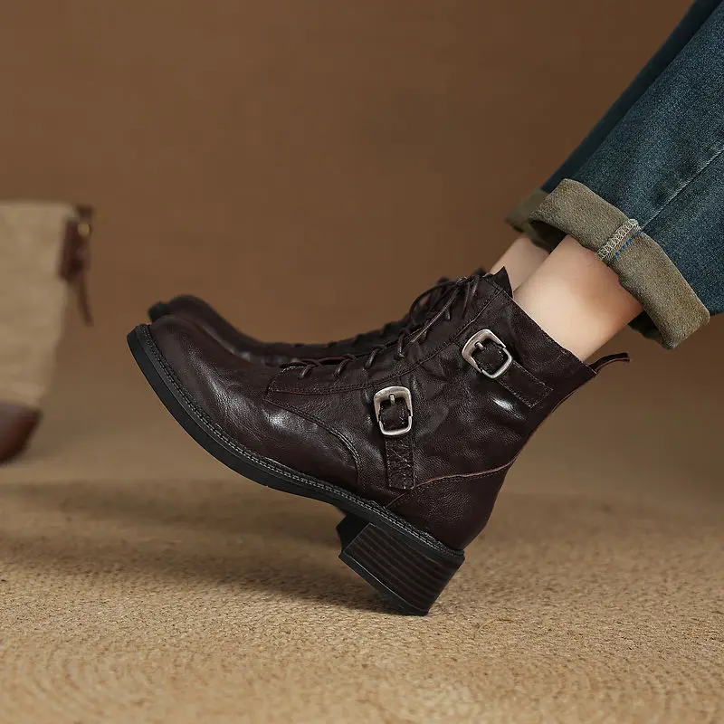Women Winter Genuine Leather Ankle Boots Round Toe Women Boots with Zipper Lace Up Chunky Heel Wear-resistant Beef Tendon Bottom