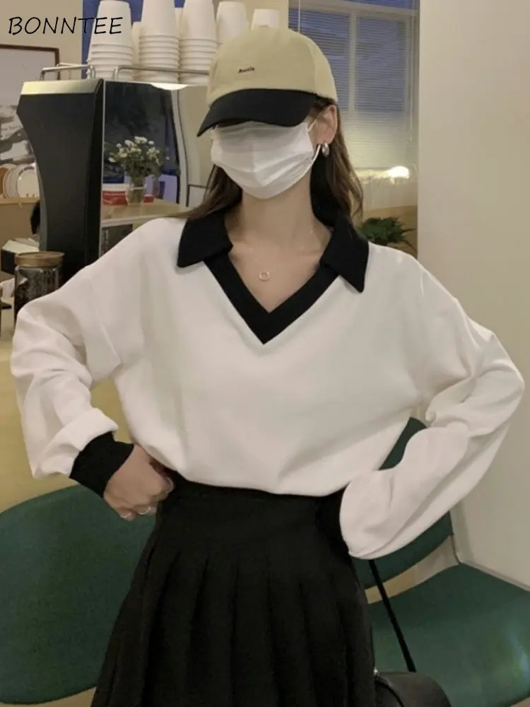 

Sweatshirts Women Simple Patchwork Spring Comfortable Streetwear Ulzzang Leisure Fahsion V-neck All-match Elegant Office Lady