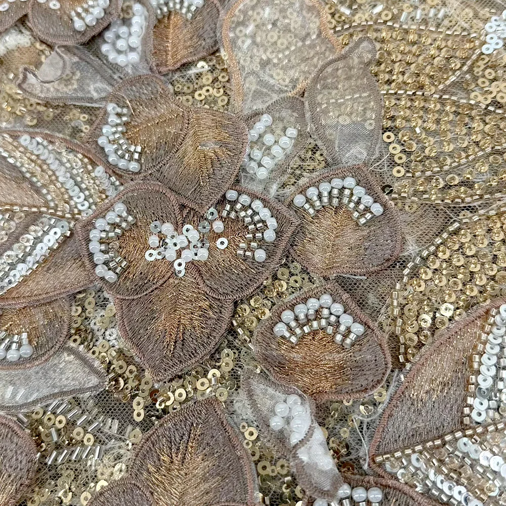 Luxury African 3D Floral Embroidery Lace Fabric 2025 Nigerian sequined Beads French tulle Fabric Lady Gown Wedding Pie gown