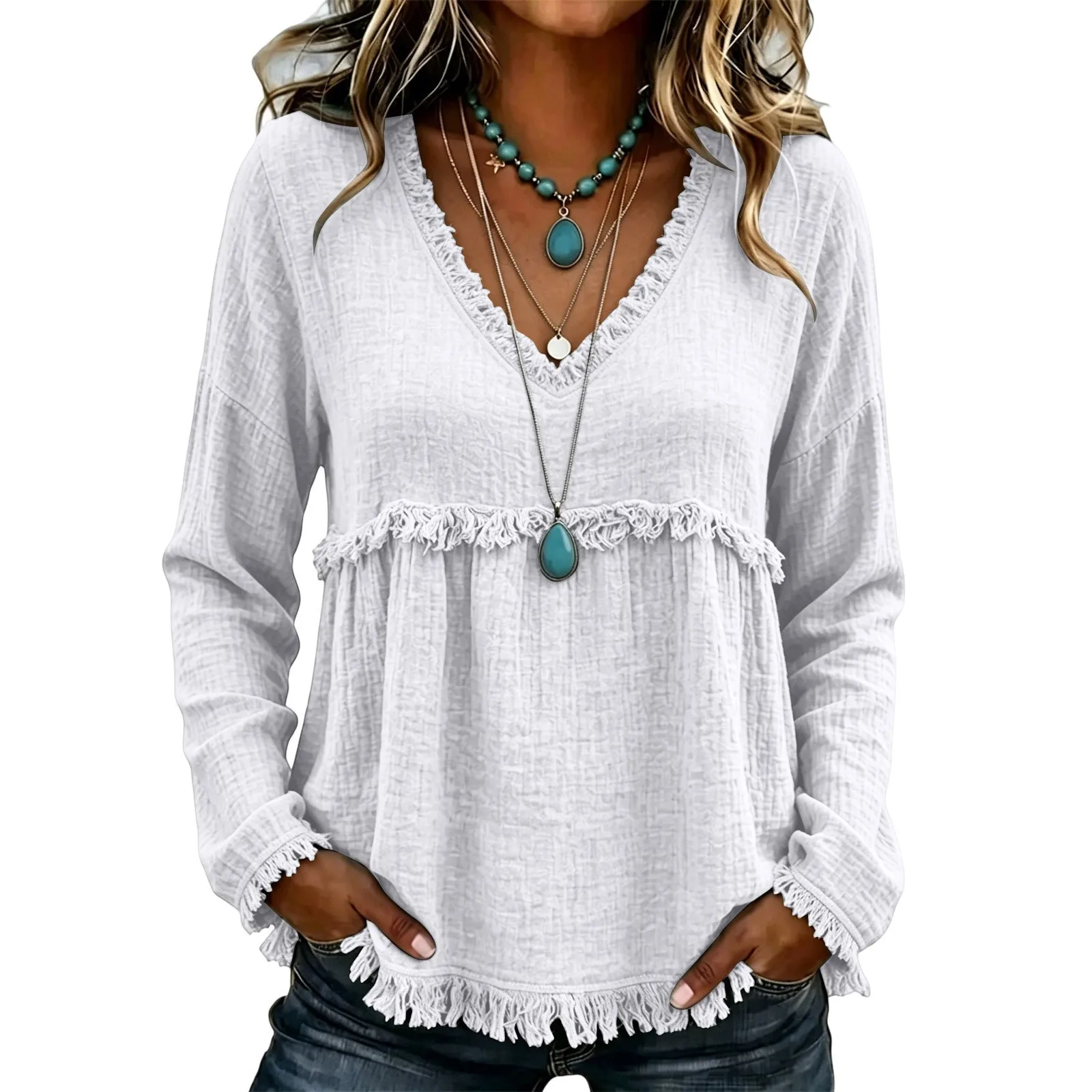 2026 New Spring Autumn Women Solid V‑Neck Frayed Blouse Boho Casual Loose Babydoll Hem Long Sleeve Pockets Office Daily Shirts