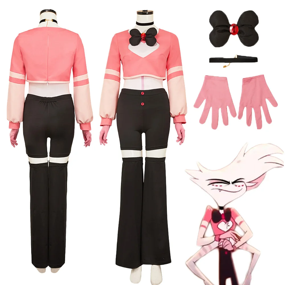 تمويه التلفزيون الجحيم نزل 2 الملاك الغبار تأثيري حلي الوردي أعلى السراويل السوداء الملابس مجموعة النساء هالوين كرنفال لعب الأدوار موحدة