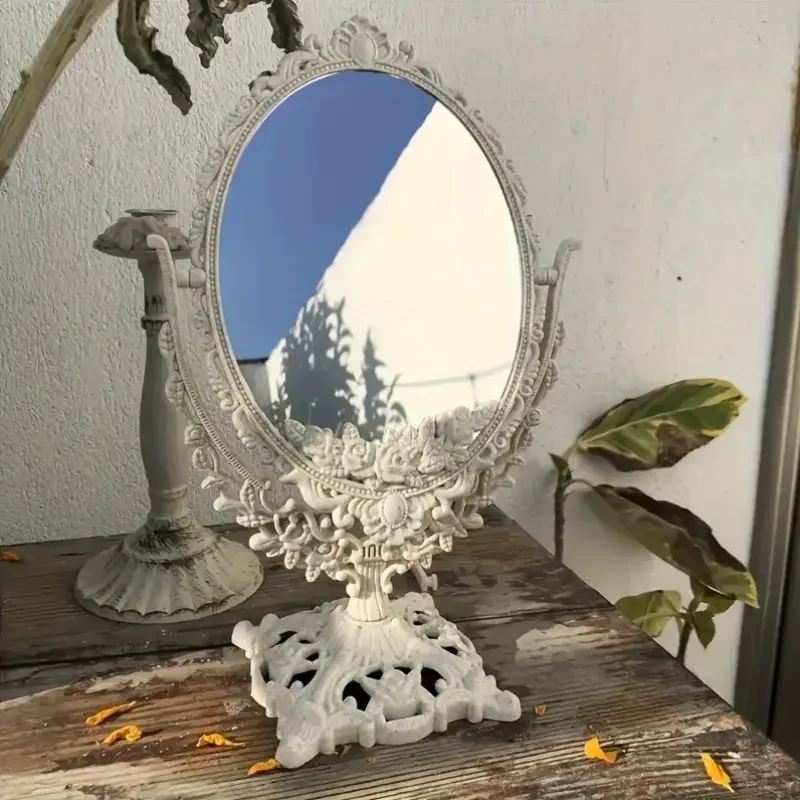 مرآة ماكياج على الطراز الأوروبي الرجعية البيضاوي منحوتة مرآة ماكياج دائرية 360 درجة الدورية سطح المكتب مرآة لوضع مساحيق التجميل ديكور المنزل #5