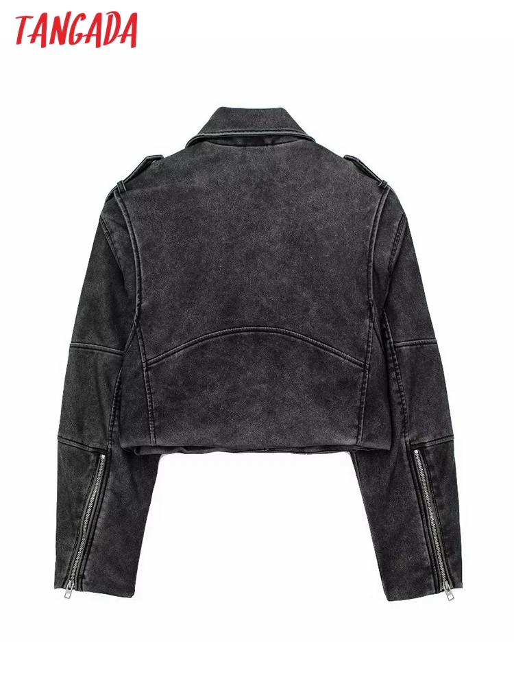 Tangada 2023 Autumn Winter Women Faux Leather Crop Jacket Zipper Boyfriend Bomber Coat 3H667