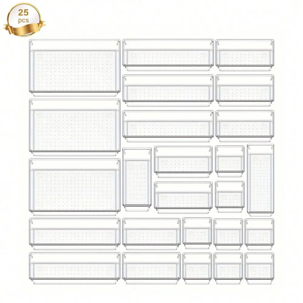25pcs Clear Plastic Drawer Organizer Set, 4 Sizes MultiFunctional Bathroom Vanity Drawer Organizers, Makeup, Kitchen Office Stor