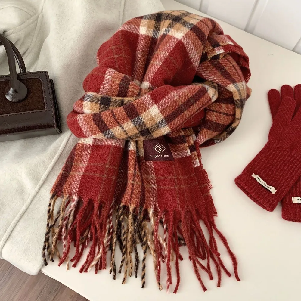 

Warm Sweet Plaid Wool Scarf New Year Tassel Red Long Shawl Solid Color Cape Wraps Student