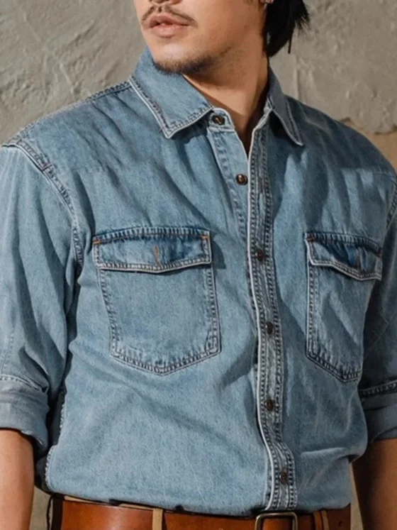 Washed Cotton Soft Fabric Long Sleeve American Western Cowboy Shirt for Men with Double Pockets Slim Fit Denim Style Trendy W...