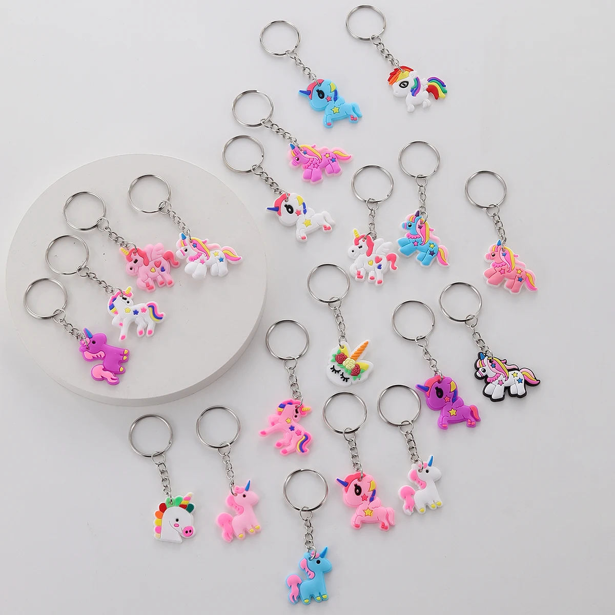 20 pçs unicórnio chaveiro, dos desenhos animados pvc animal chaveiro ornamento carteira saco mochila pingente acessórios festa favores presente