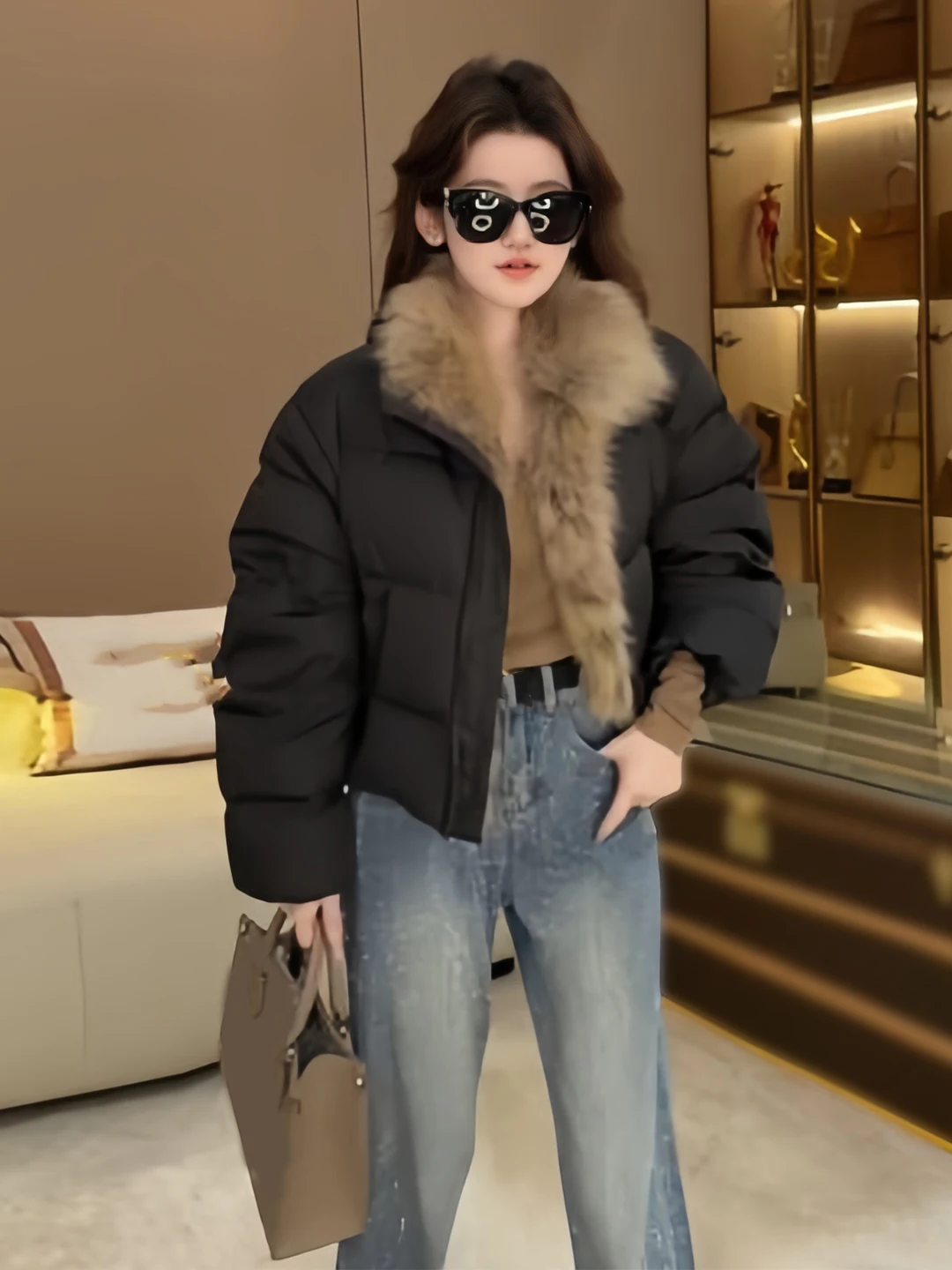 

Retro American Thickened Short Cotton Jacket Women's Winter Warm Bread Style Coat with Fur Collar Splicing Design for 18-24 Y...