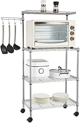 

4-Tier Standing Baker\u2019s Racks, Kitchen Microwave Stand Metal Utility with Wooden Tabletop and Hooks Cup rack Pot holder