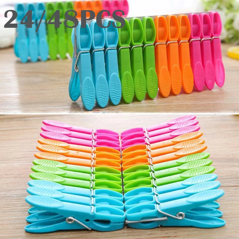 48/24Pcs Clothespins Hanging Pegs Clip Plastic Hangers Racks Laundry Clothes Pegs Clamps Towel Clips Home Storage Hooksks