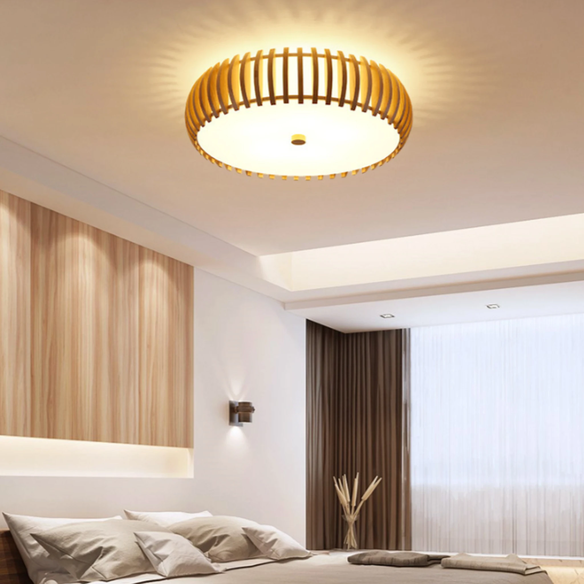 Japanese Natural Wood Ceiling Light Flush Mount Round Wood Frame LED Ceiling Lamp for Bedroom Living Room Study
