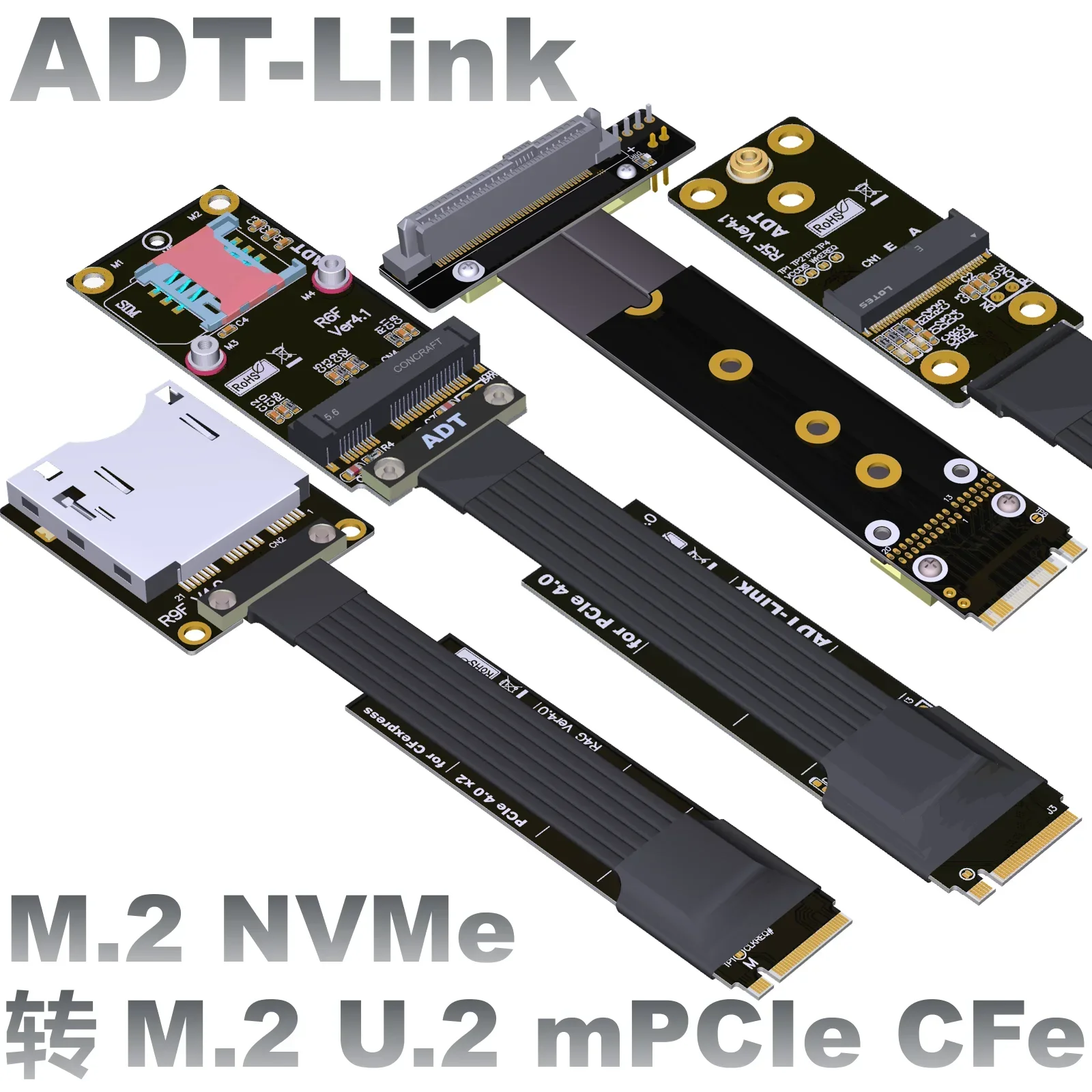 M.2 NVMe Key-M SSD Extender to M.2 WiFi/U.2 SSD/mini-PCIe mPCIe/CFexpress Solid State Drive Ribbon Adapter Card for M2 Mainboard