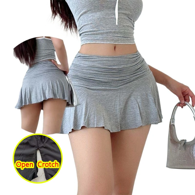 Woman Spring Summer Thin New Style Girl's Low Rise Short Skirt with Open Crotch Safety Pants Hanging and Pleated A-line Skirt
