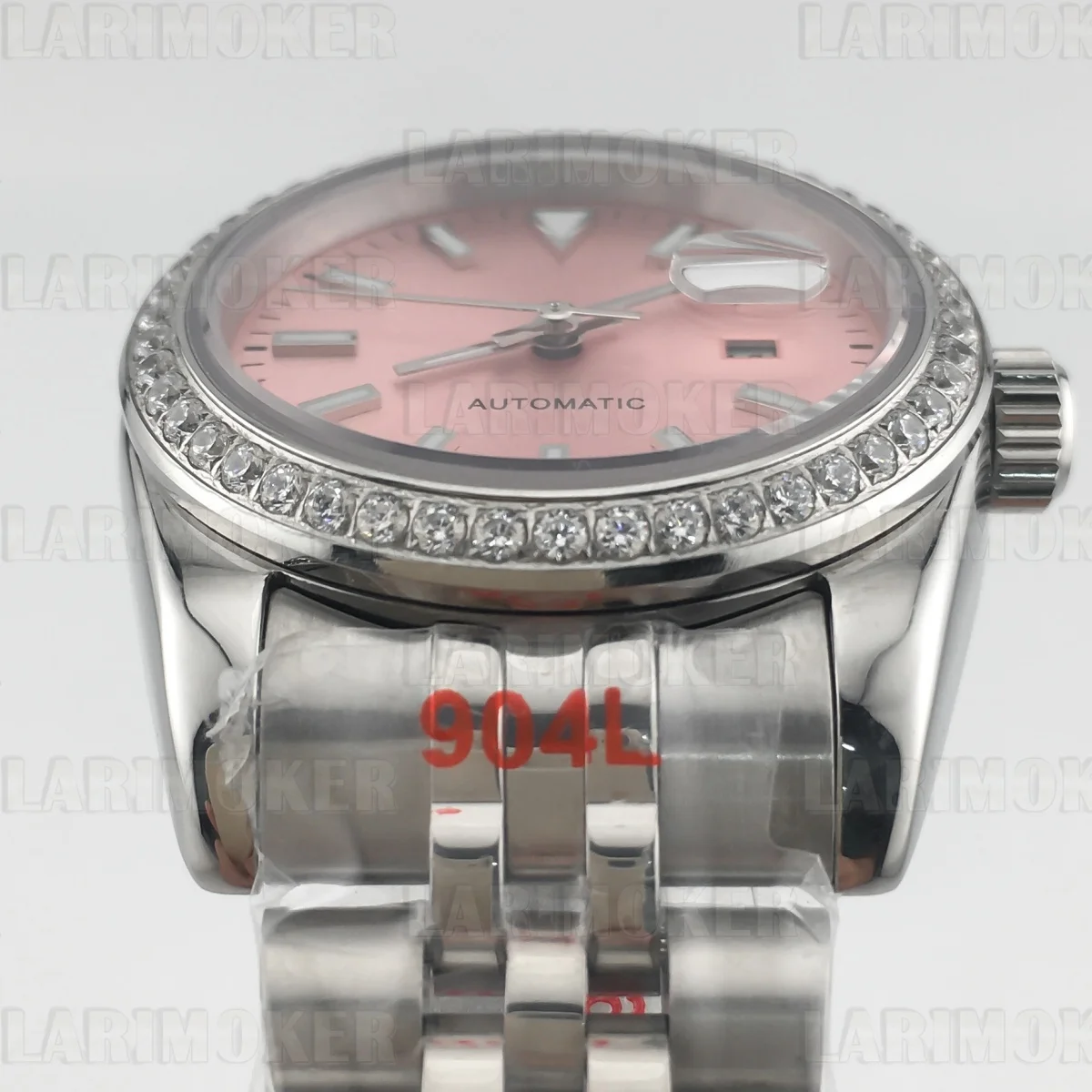 NH05 31mm 高級レディース機械式自動巻き時計、ダイヤモンドベゼル装飾、ピンク夜光文字盤、サファイアガラス、防水性