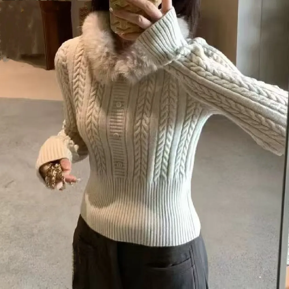 เสื้อไหมพรมถักลายบิด คอโอ แขนยาว ทรงเข้ารูป สั้น แต่งปกขนเฟอร์ถอดได้ สไตล์วินเทจ สำหรับฤดูใบไม้ร่วงและฤดูหนาว สีแดง