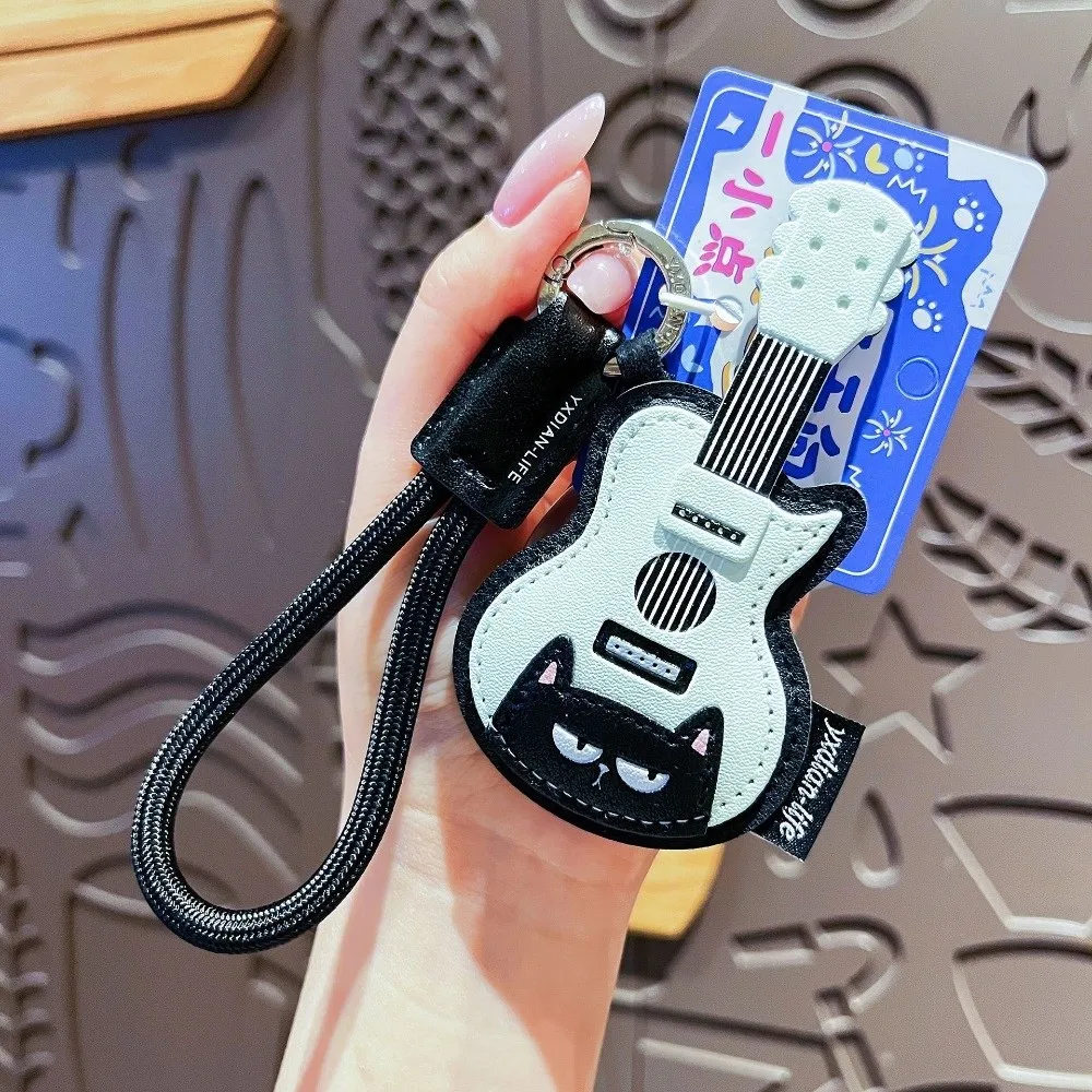 PU Leather Leather Keychain Piano Shape Guitar Shape Black Cat Keychain With Lanyard Black Cat Piano Pendant For Friend Gift