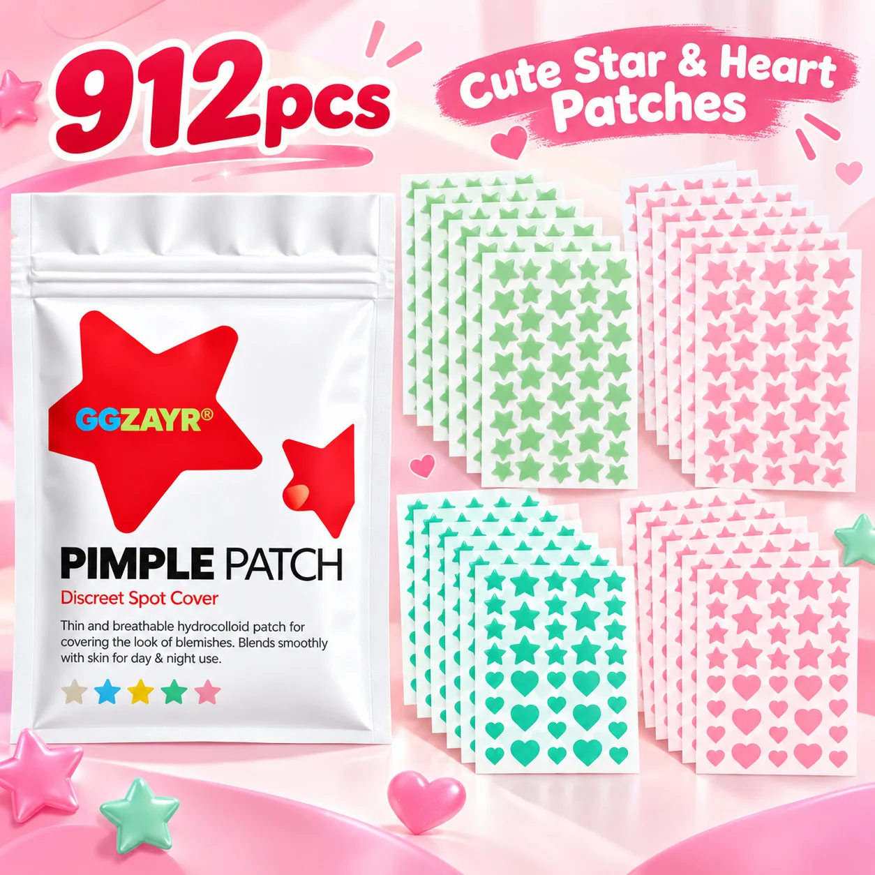 912PCS Cute Star Heart Acne Patches, Hydrocolloid Pimple Stickers, Colorful Face Spot Cover Patch for Daily Skincare Routine