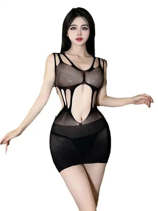 Pończochy Oversize Seksowne Uwodzicielskie Torba Pośladki Siatka Rybacka Ubrania Podwiązki Obcisłe Wycięte Prześwitująca Sukienka F8EW