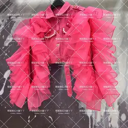 Chic Pearls Diamonds Beaded Denim Coat Mesh Splice Ruffles Sleeve Jeans Bomber Jacket 3D Bowtie Decor garza Cardigan increspato top