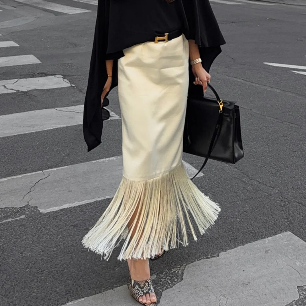 Original Light Luxury Tassel Elastic Pleated Skirt Spring and Summer Women's Chic Slim Soft Office Dating Travel Straight Skirt