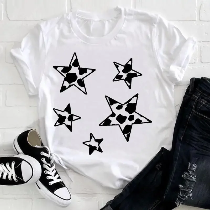 Street Stars Five-pointed Star Pattern Printed Round Neck White T-shirt Short-sleeved Round Neck Women's Wear Aesthetic Clothes