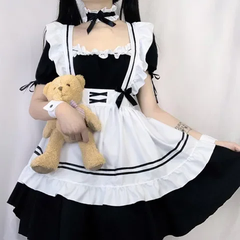 Jepang gadis lembut Hitam Putih Lolita pelayan kostum Cosplay kostum gaun lucu celemek Perancis seksi seragam pelayan rok pesta