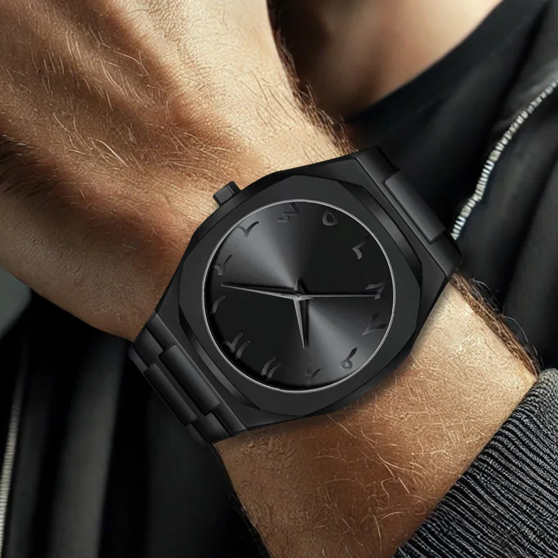 1 قطعة ساعة كوارتز بشريط أسود للرجال بتصميم بسيط ومتعددة الاستخدامات ومؤشر رقمي فريد من نوعه