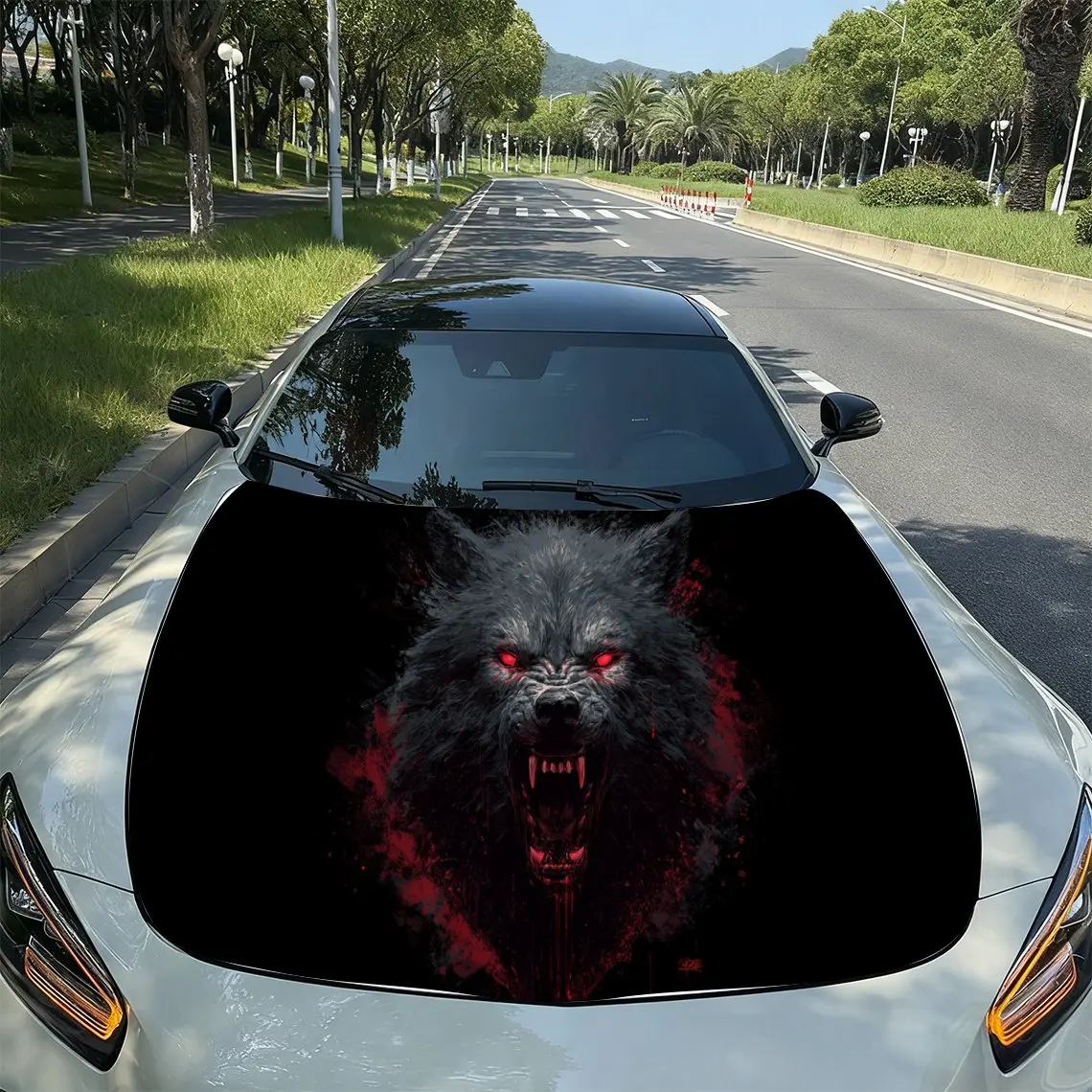 Blood Wolf Dark Horror PVC Car Hood Wraps, Self-Adhesive Waterproof Car Bonnet Decal Sticker, Car Decoration Protection Stickers